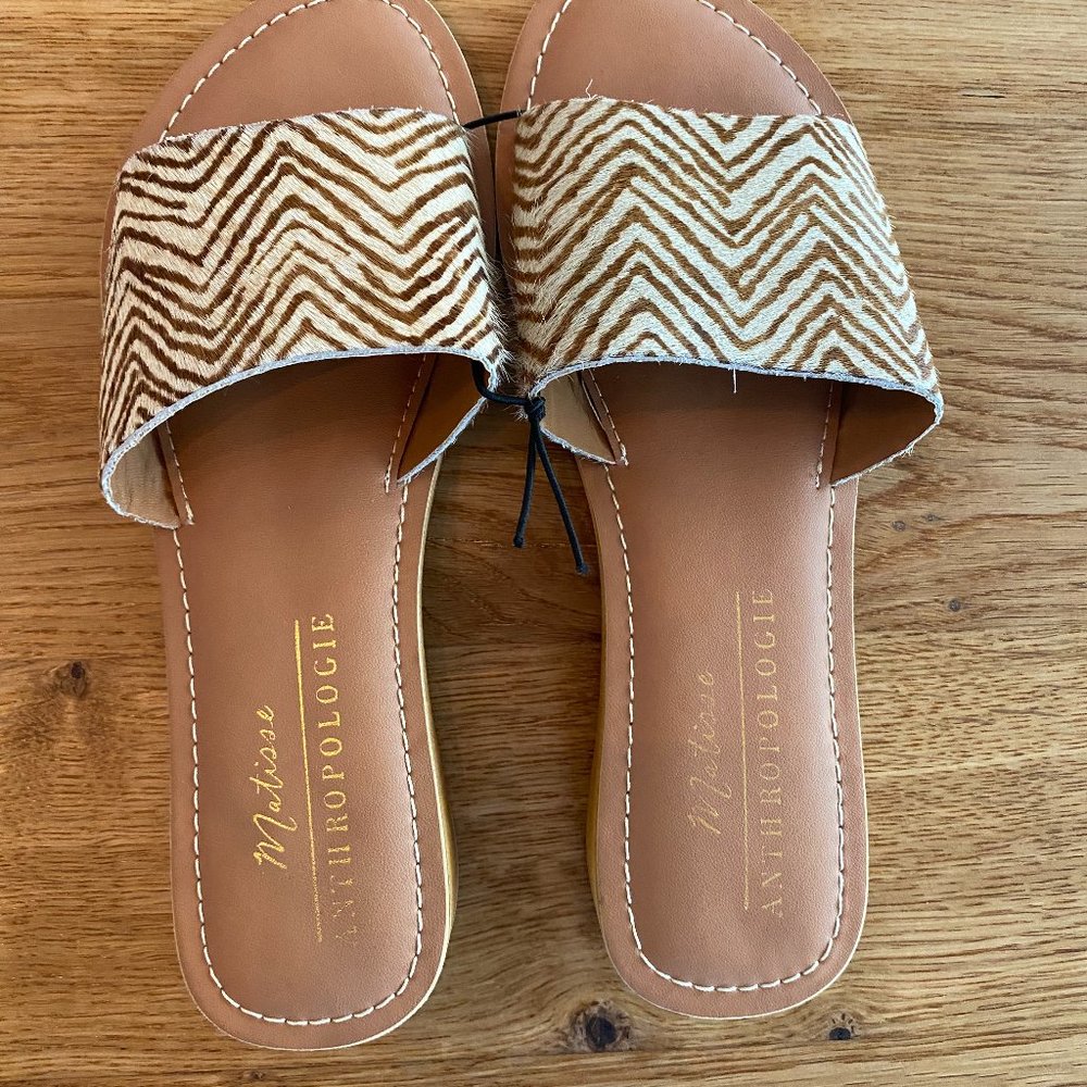 Matisse Anthropologie Havana Zebra Pony Hair Wooden Heel Slides Sz 6